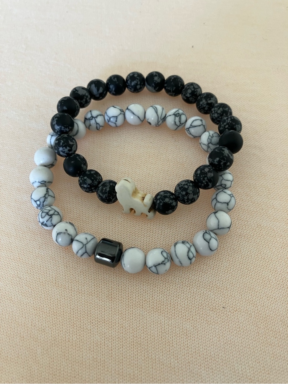 Black White Marbled Beaded Stretch Bracelet Set